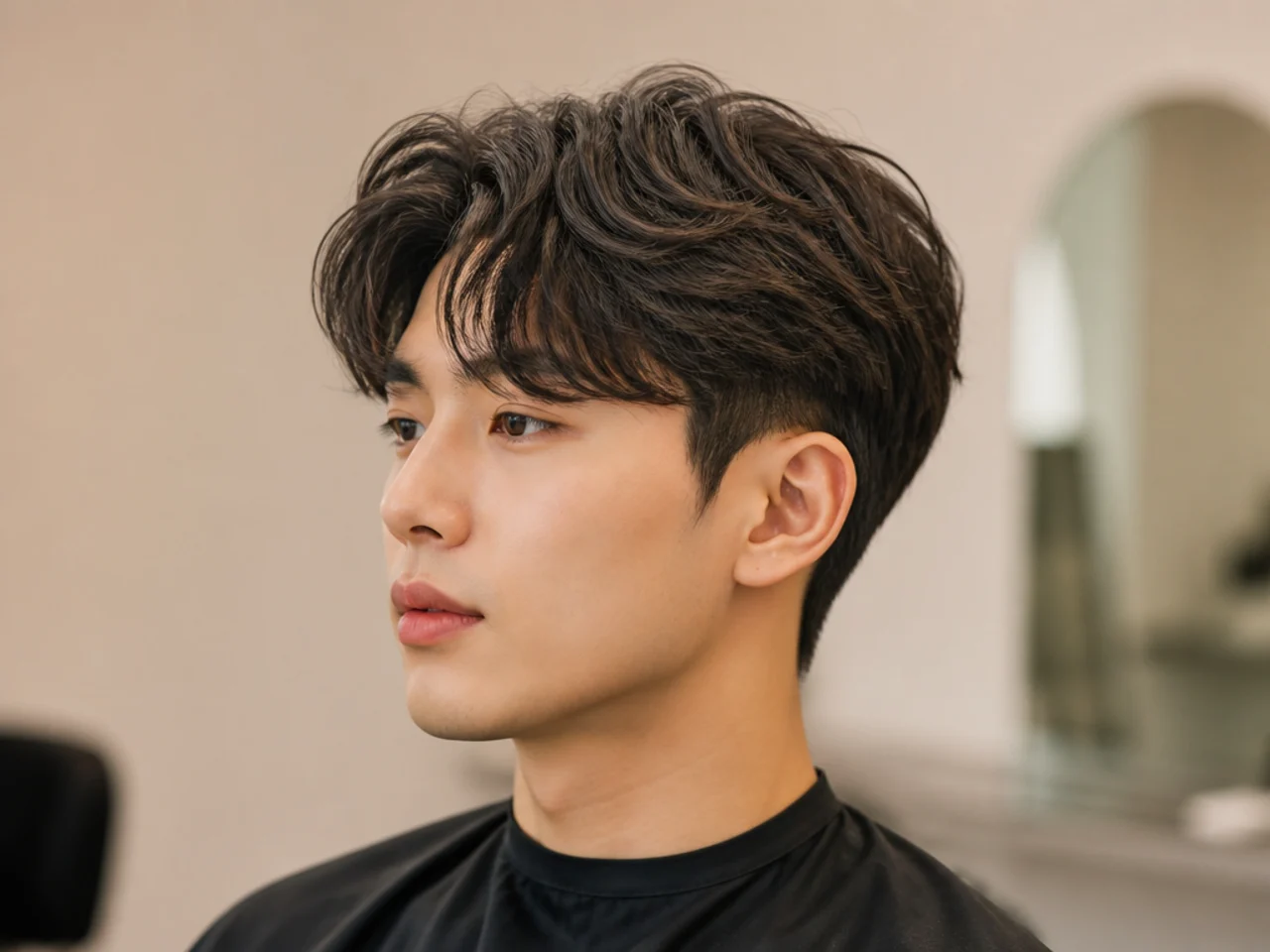 Two block comma with a light front-piece perm holding the curl on pin-straight Asian hair