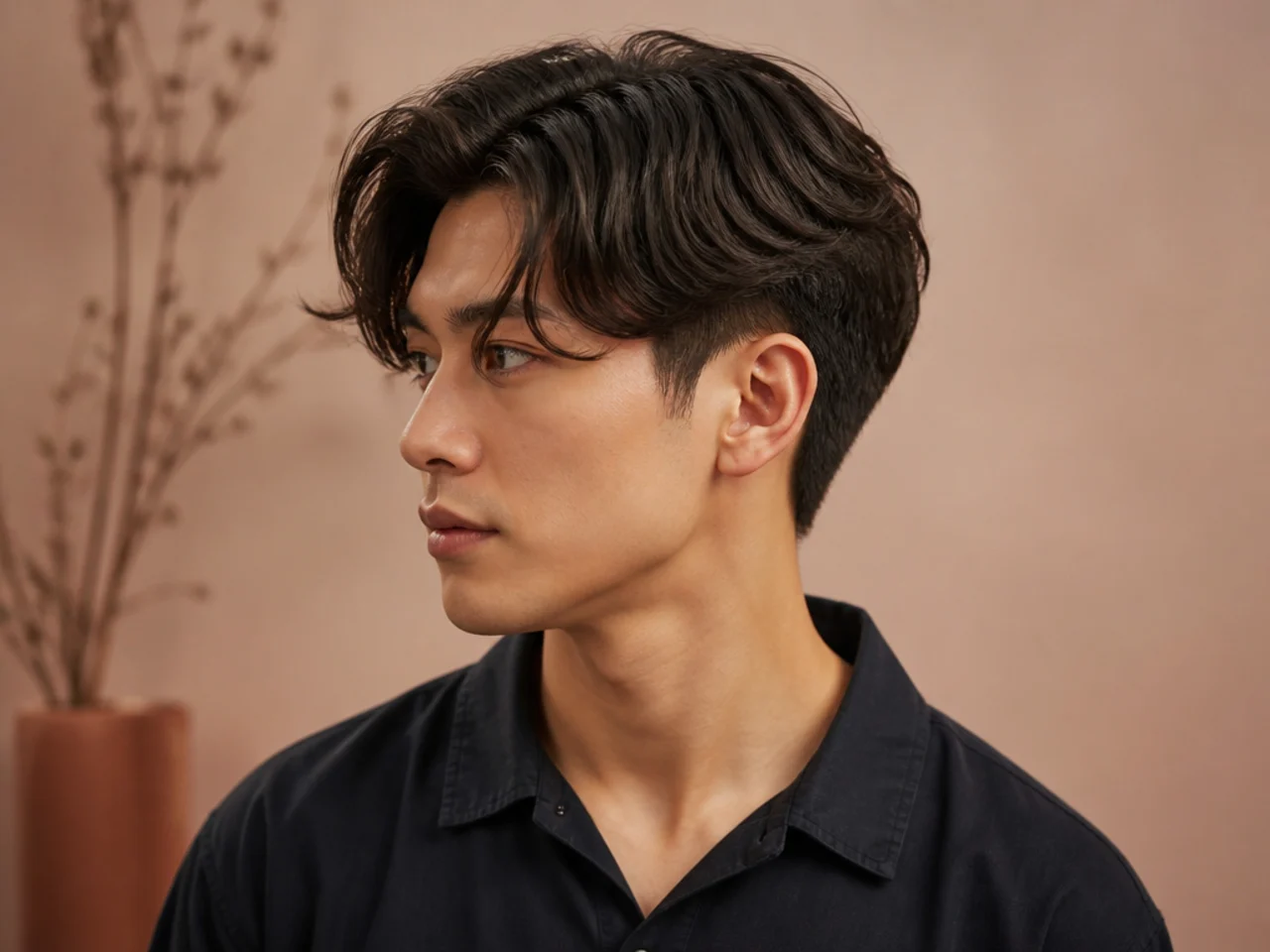 Medium two block comma haircut with a three-and-a-half-inch top and a confident single comma curl at the front