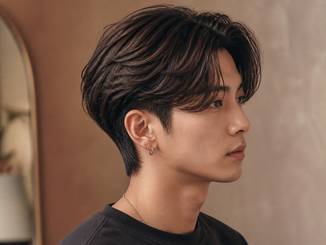 Long two block comma haircut with a five-inch top and a large sweeping comma curl past the eyebrow