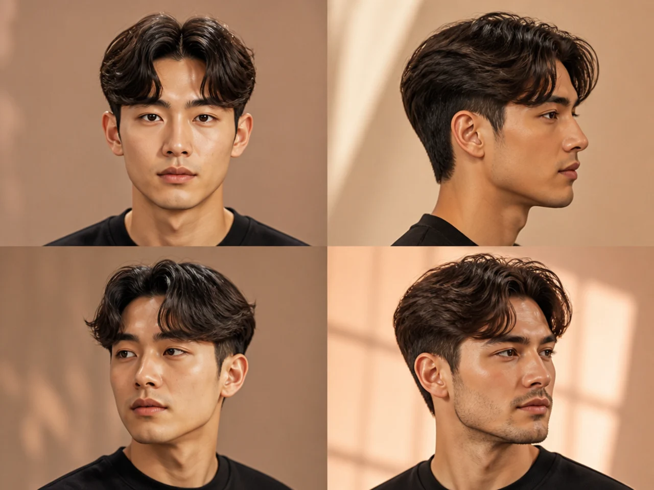Twin comma two block haircut with a middle part splitting into two mirrored comma curls over hidden sides