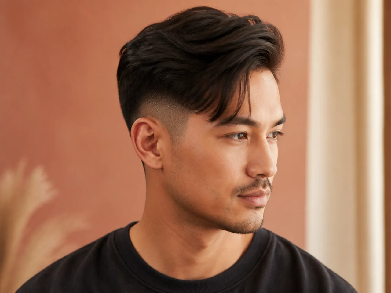Single comma two block with a bold side-swept curl running across the forehead over hidden buzzed sides
