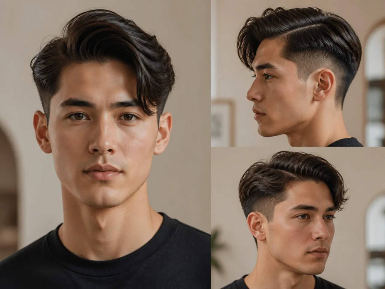 Deep side part two block comma with heavy weight on one side hooking into a curl over hidden sides