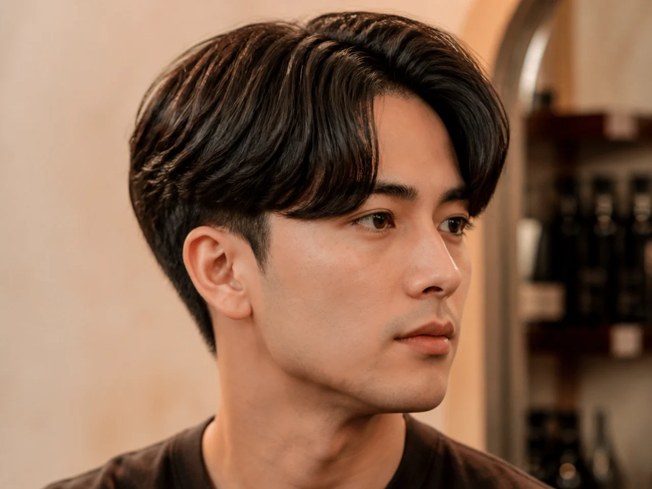 Curtain fringe two block comma with two soft panels ending in hint comma curls at the brow line