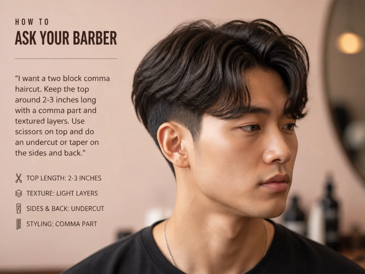Barber consulting a client on a two block comma haircut with a phone reference photo before starting