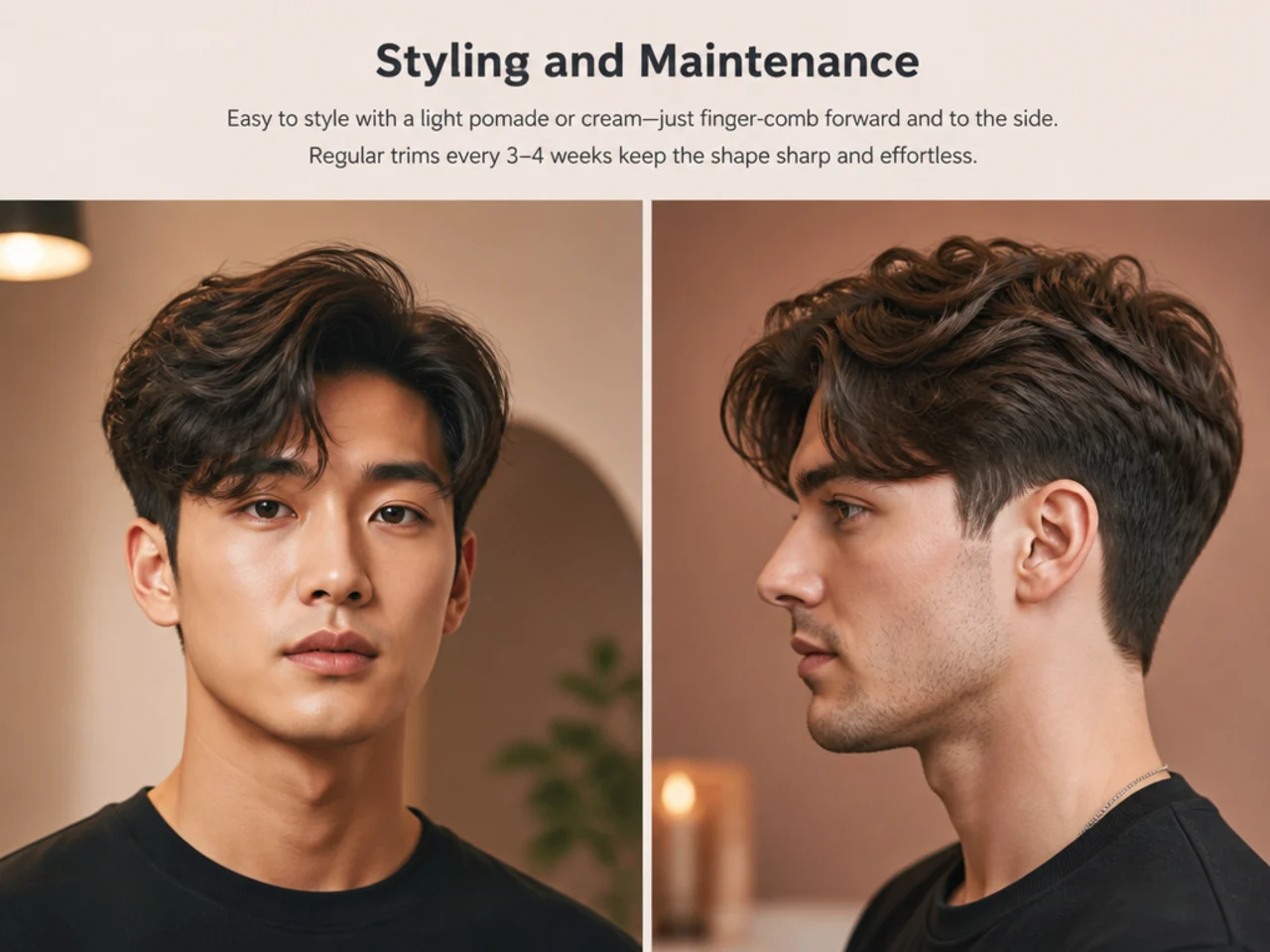 Men's hair styling products for a two block comma — curl cream, sea-salt spray, and a small round brush