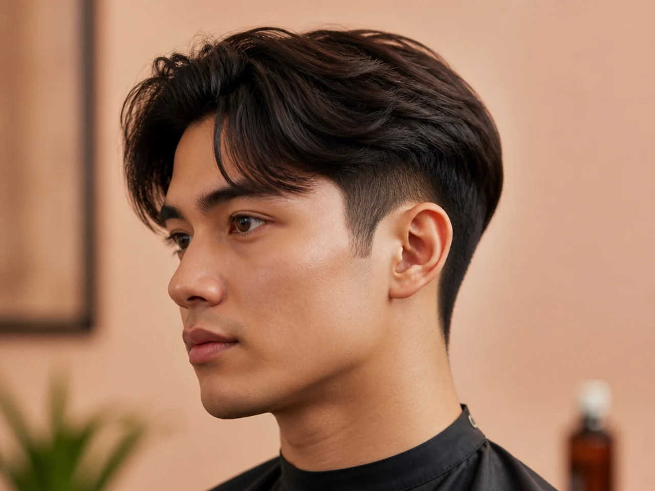 Two block comma haircut on a young man with a curled comma front lock draping over hidden buzzed sides