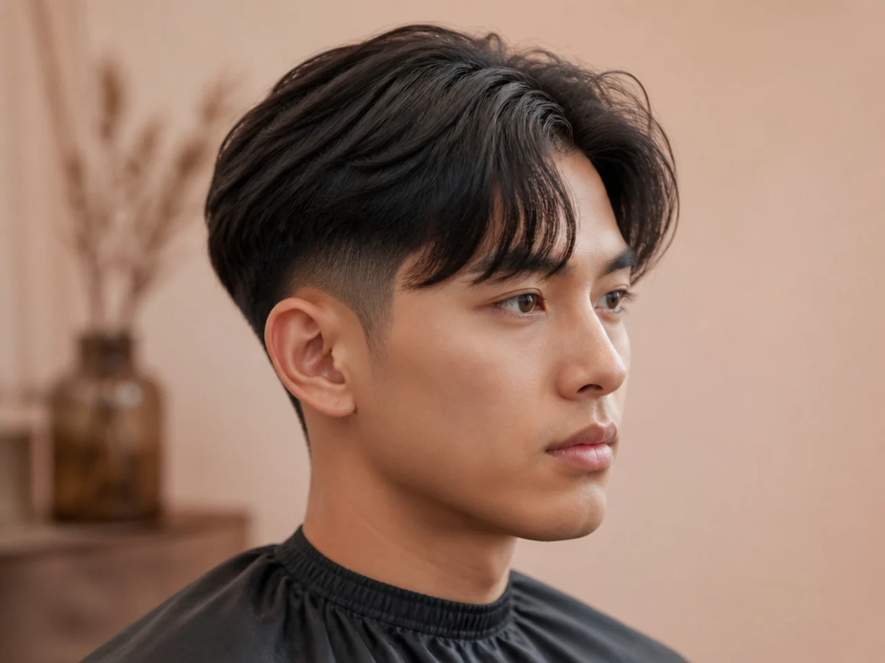 Two block curtain with mid fade at the temple on thick straight black hair
