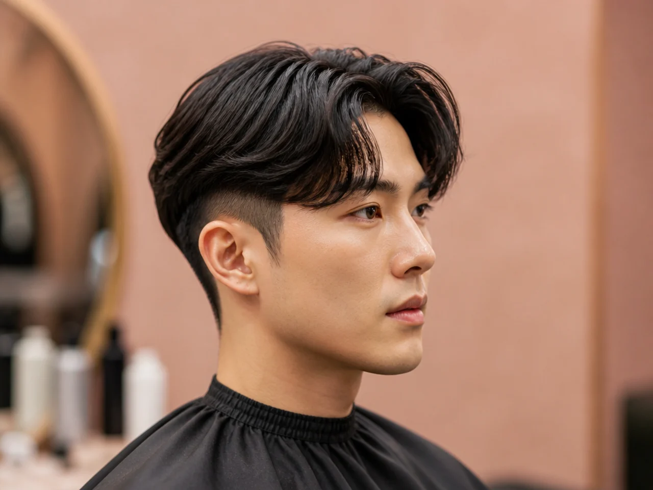 Two block curtain undercut with hard-line disconnect at the temple and 4 inches of curtain on top on straight black hair