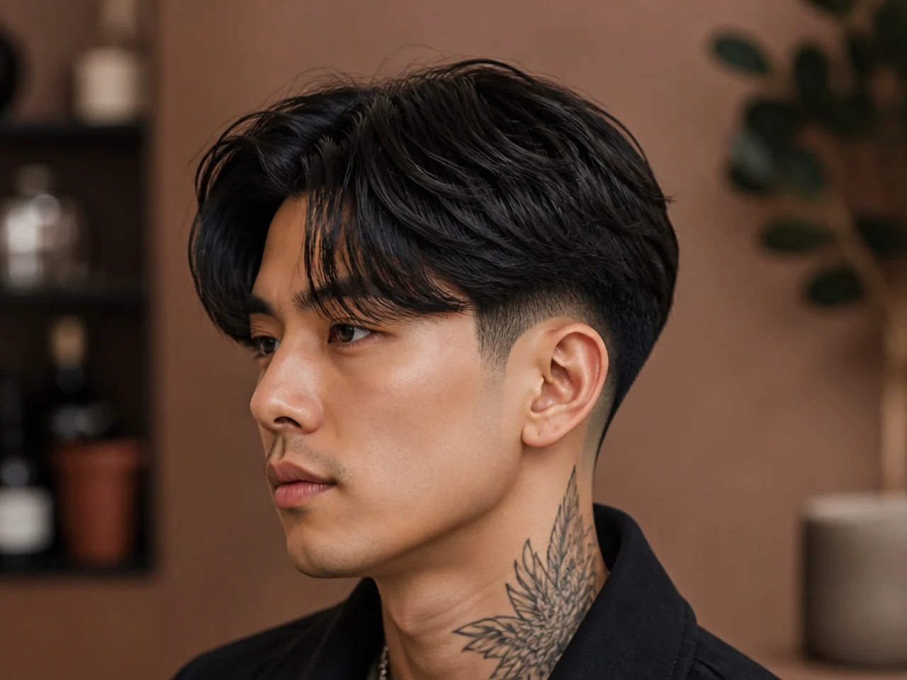 Two block curtain with drop fade curving down behind the ear on straight black hair