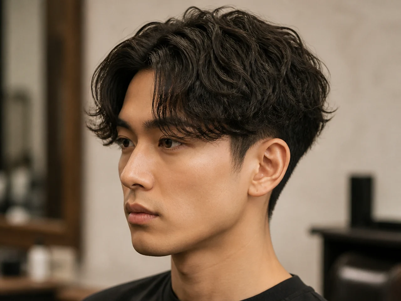 Permed two block curtain with soft root volume and gentle curtain movement on straight black hair