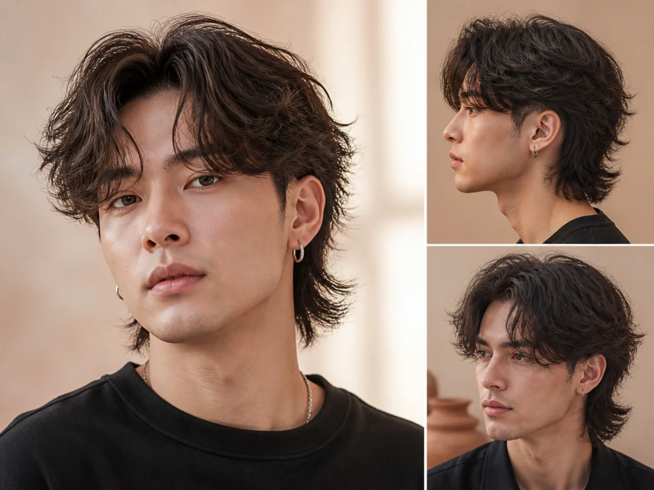 Wolf perm two block curtain with defined wave through curtain panels and heavy layered top on straight-turned-wavy black hair