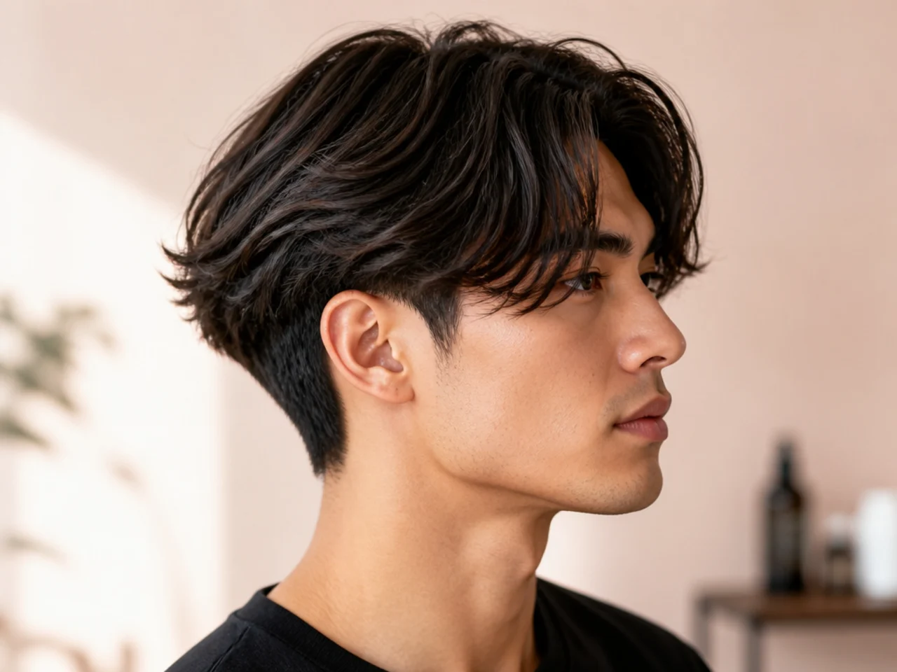 Overgrown two block curtain with 6 inches on top and grown-out sides scissor-blended softly on wavy black hair