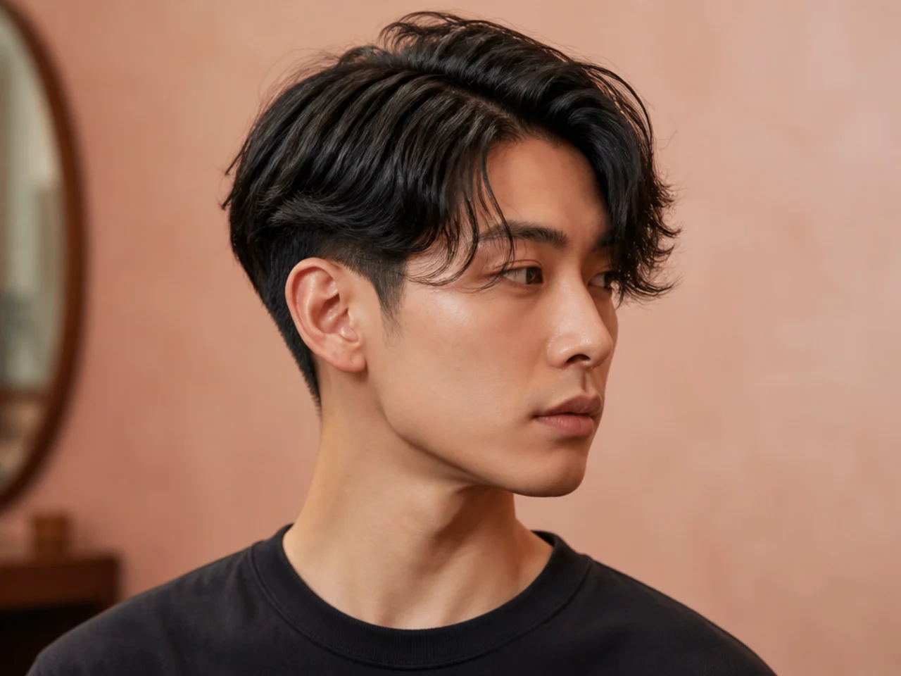 Asymmetric two block curtain with an off-center part and heavier panel on one side on straight black hair