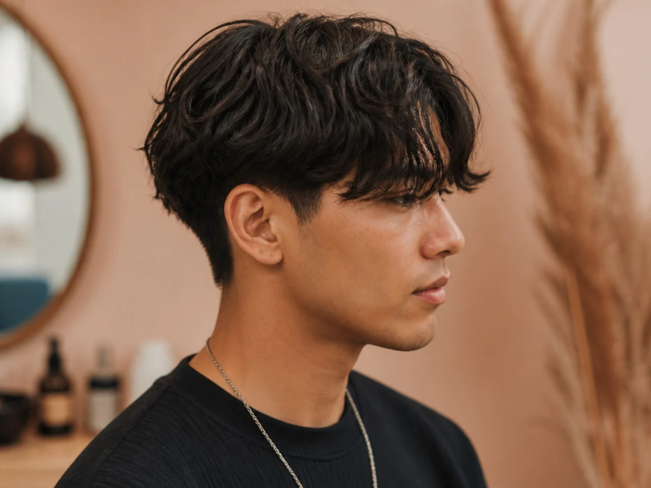 Fringe-heavy two block curtain with thick full curtain panels covering the forehead on straight black hair