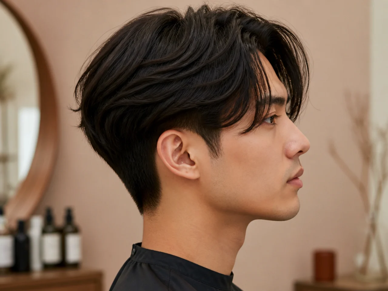 Long curtain two block with 6 inches on top and heavy drape past the eyebrows on straight black hair