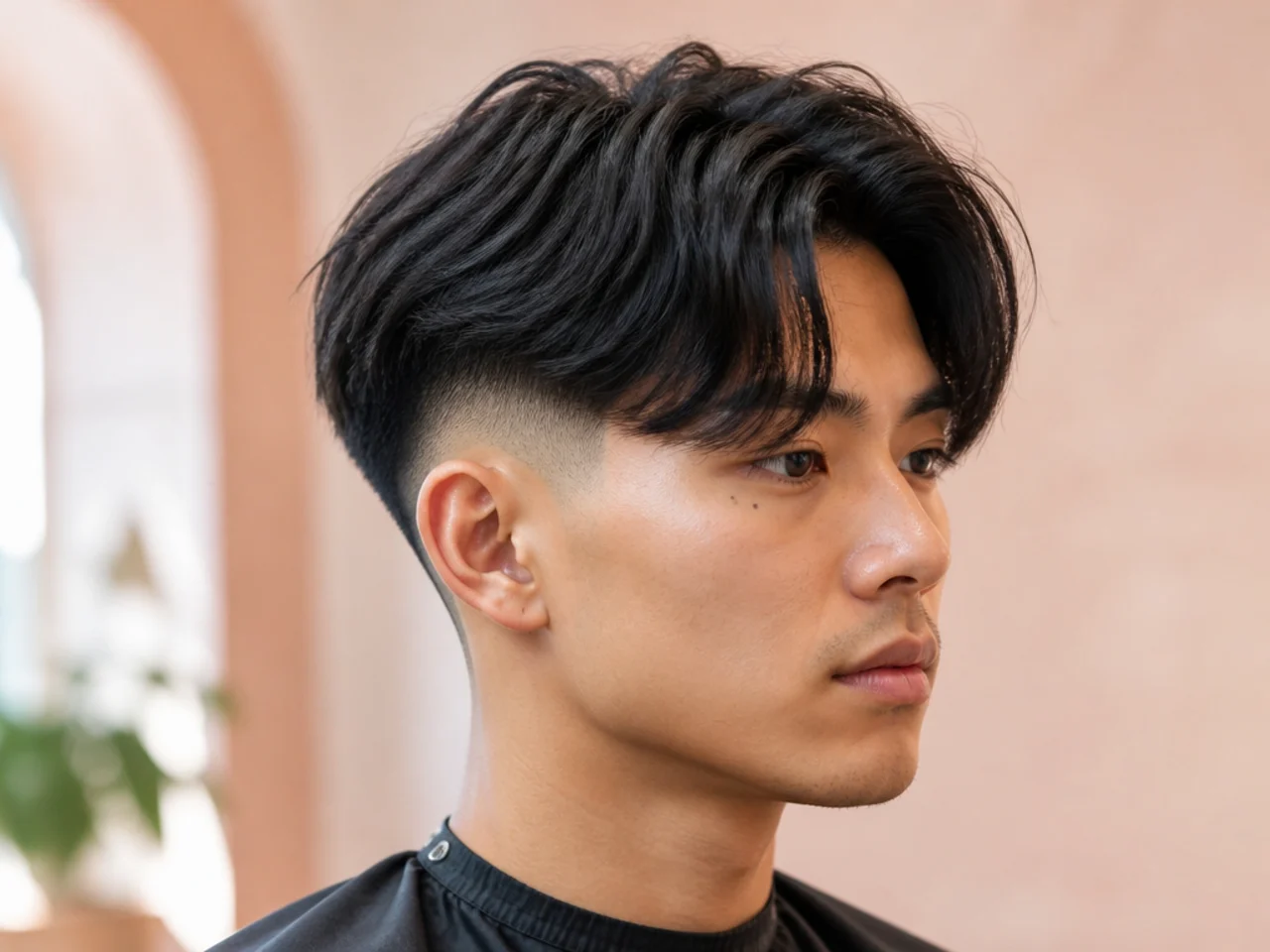Two block curtain with high skin fade contrast and dense curtain panels on top on straight black hair