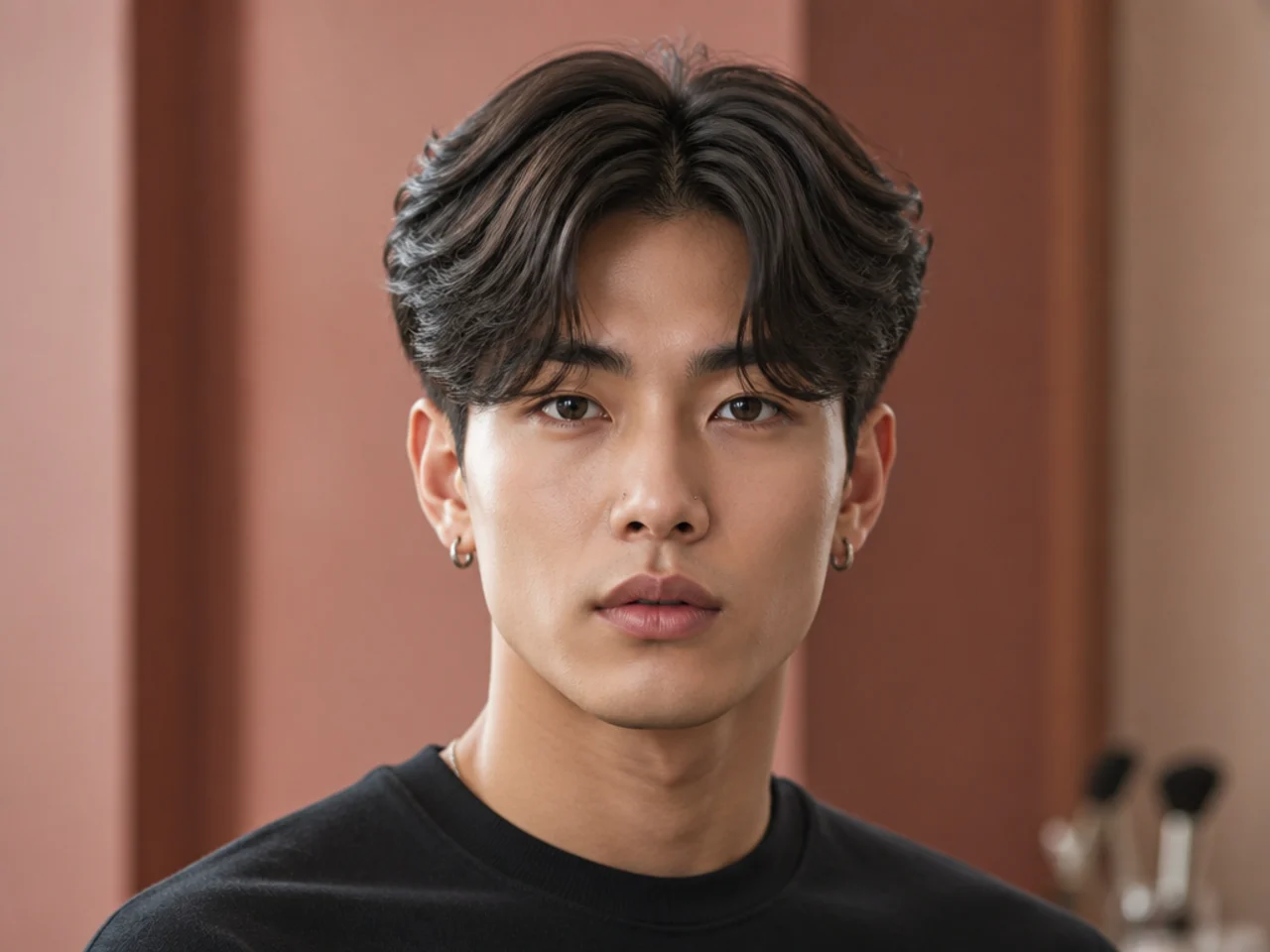 Middle-part two block curtain with a sharp center split and 4 inches on top framing the face on straight black hair