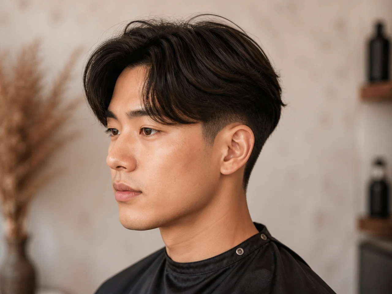 Two block curtain with subtle low taper fade at the sideburn on straight black hair
