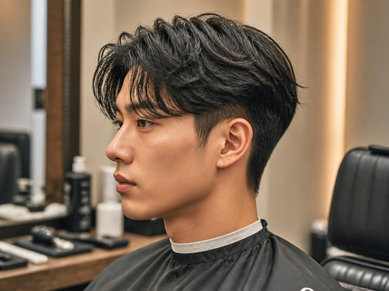 Barber consulting on a two block curtain haircut with reference photos on a phone in a warm barbershop