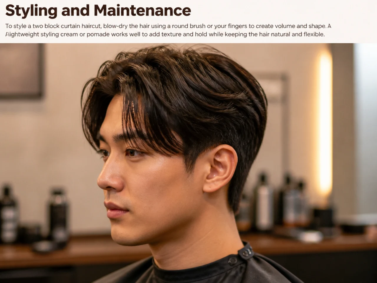 Round brush matte cream and light hairspray for styling a two block curtain haircut