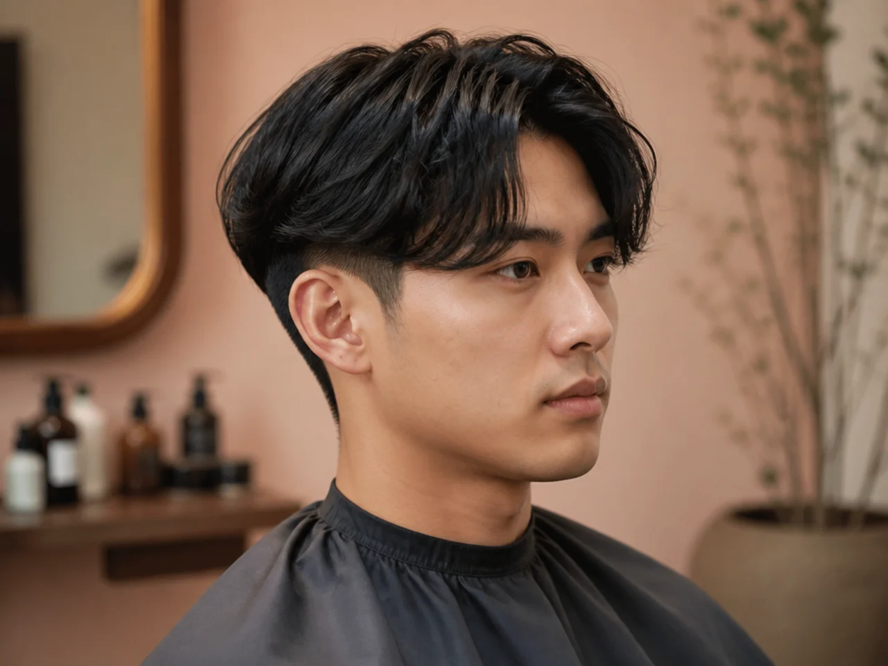 Two block curtain haircut with center-parted fringe falling in two panels over hidden clipper sides on straight black hair
