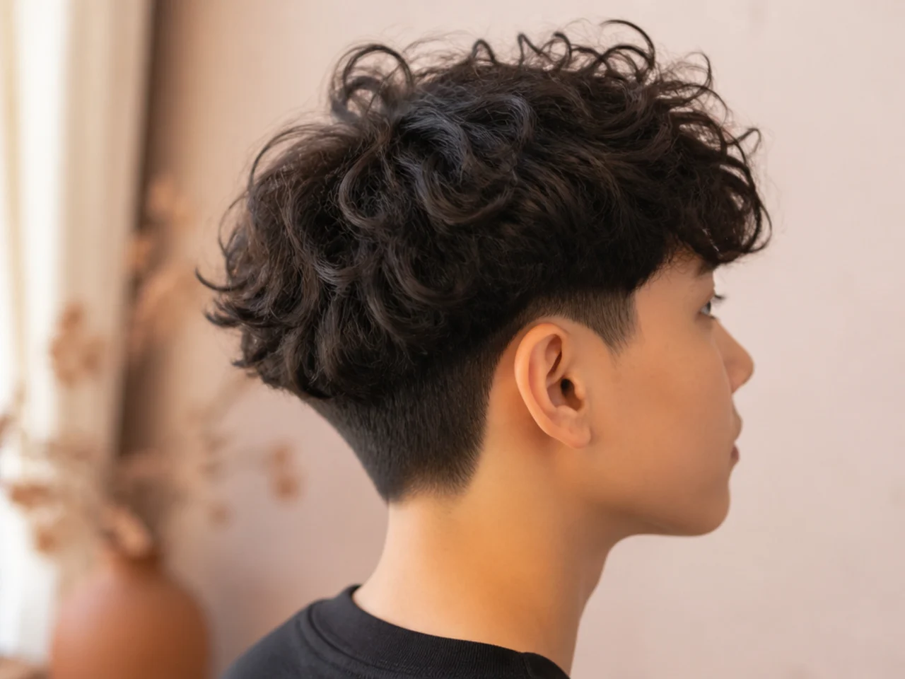 A two block on a boy's curly hair