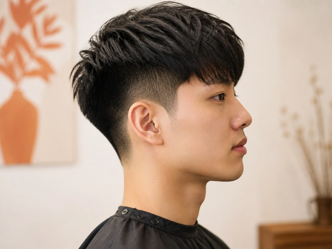 Short boxy Korean two block with one inch on top and clean hidden sides on a Korean man in his late twenties