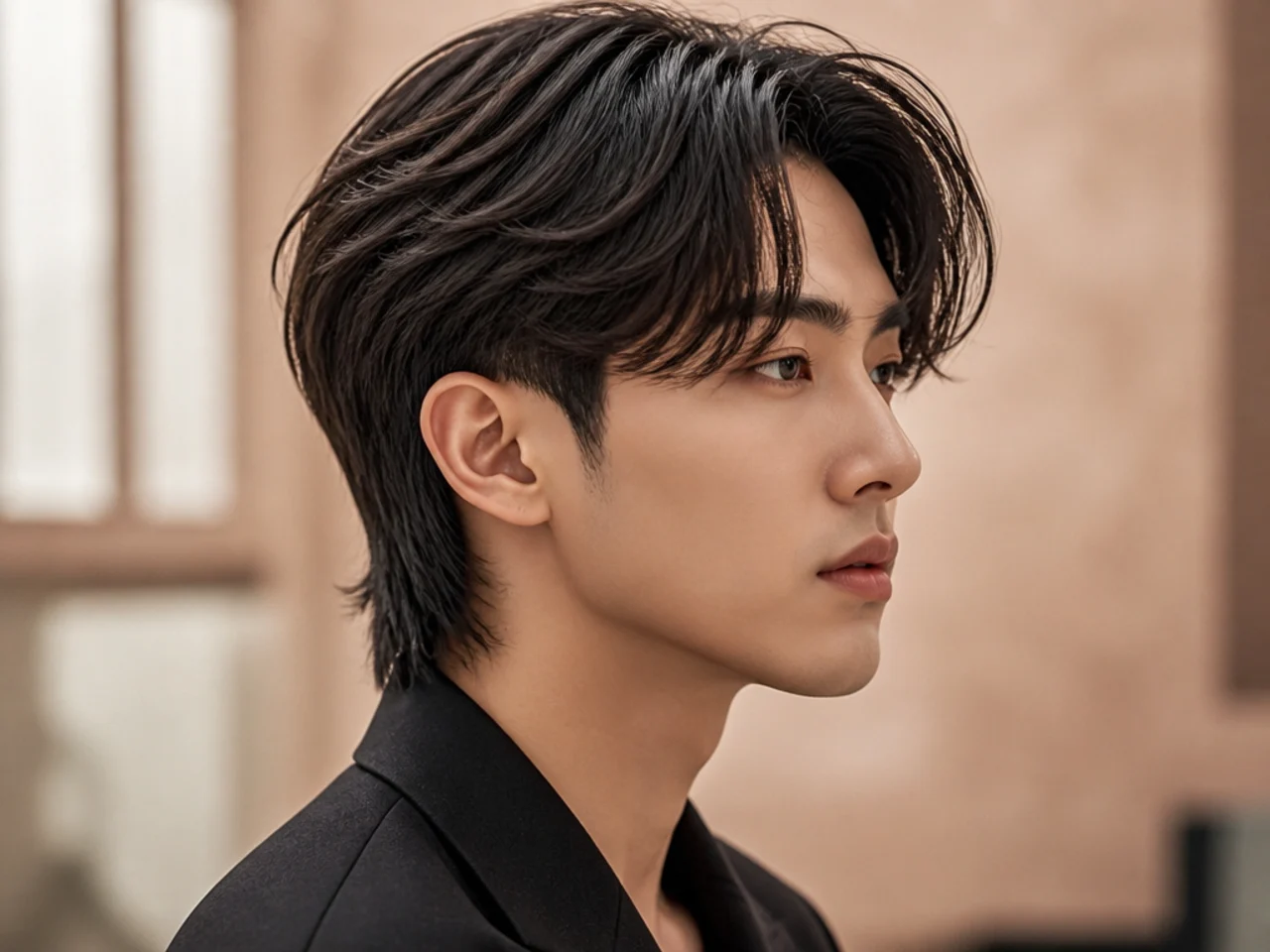 Long idol Korean two block with six inches on top past the eyebrows on a young Korean man