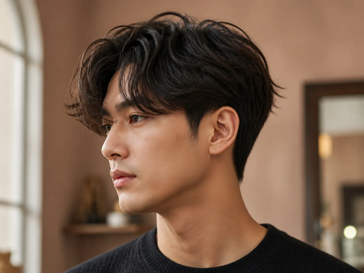Overgrown Korean two block with grown-out sides and five inches on top on a young Korean man with wavy hair