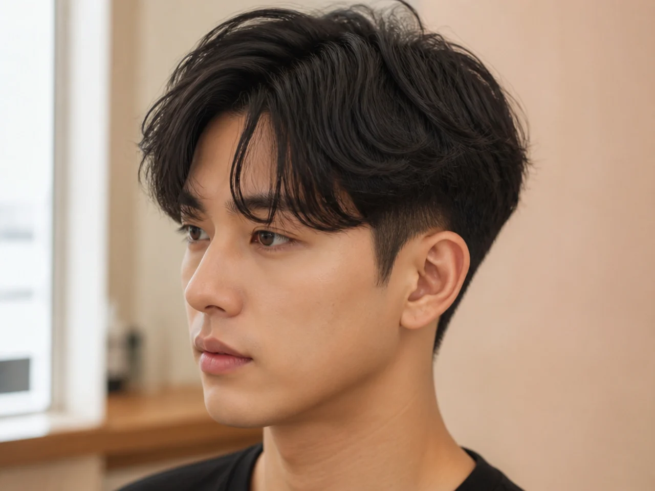 Setting perm Korean two block with soft root volume on a young Korean man with straight black hair
