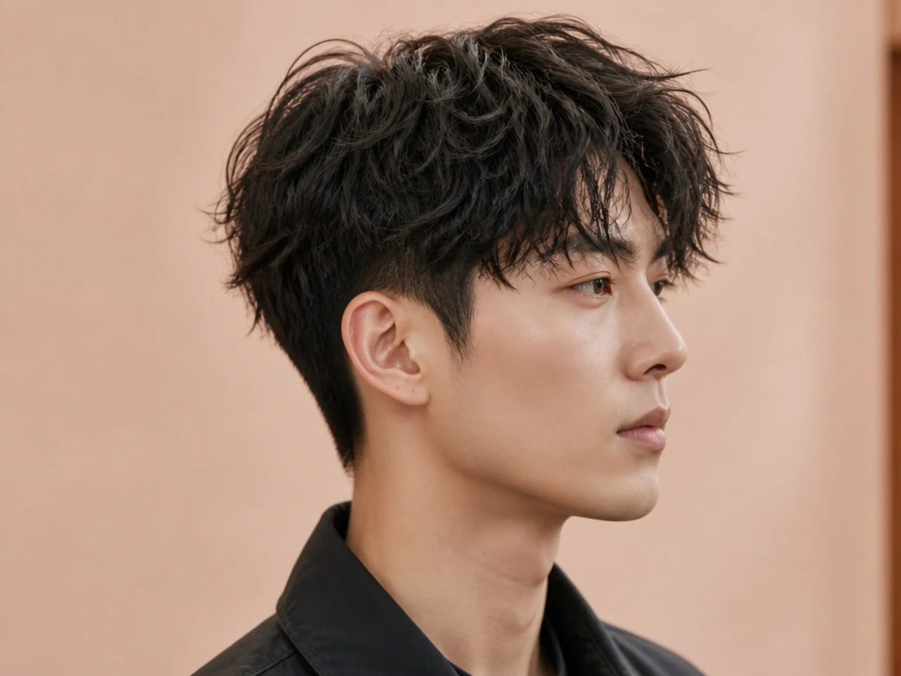 Wolf perm Korean two block with defined wave through every layer on a Korean idol type