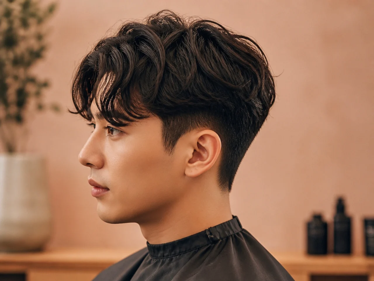 C-curl perm Korean two block with soft C-shaped bend at the ends on a young Korean man