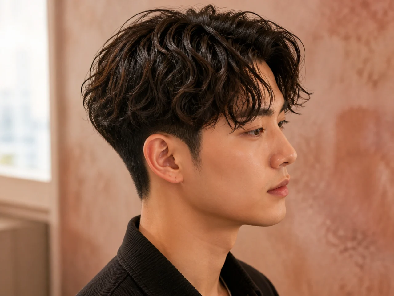 Water wave perm Korean two block with loose beachy waves through the top on a young Korean man