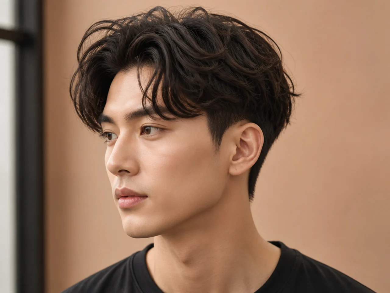 Wavy Korean two block with natural wave through the top layer on a young Korean man with medium wavy hair