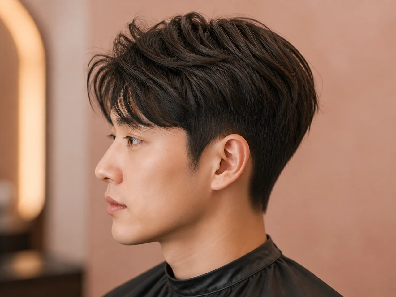 Layered Korean two block with stepped lengths from crown to fringe on a young Korean man