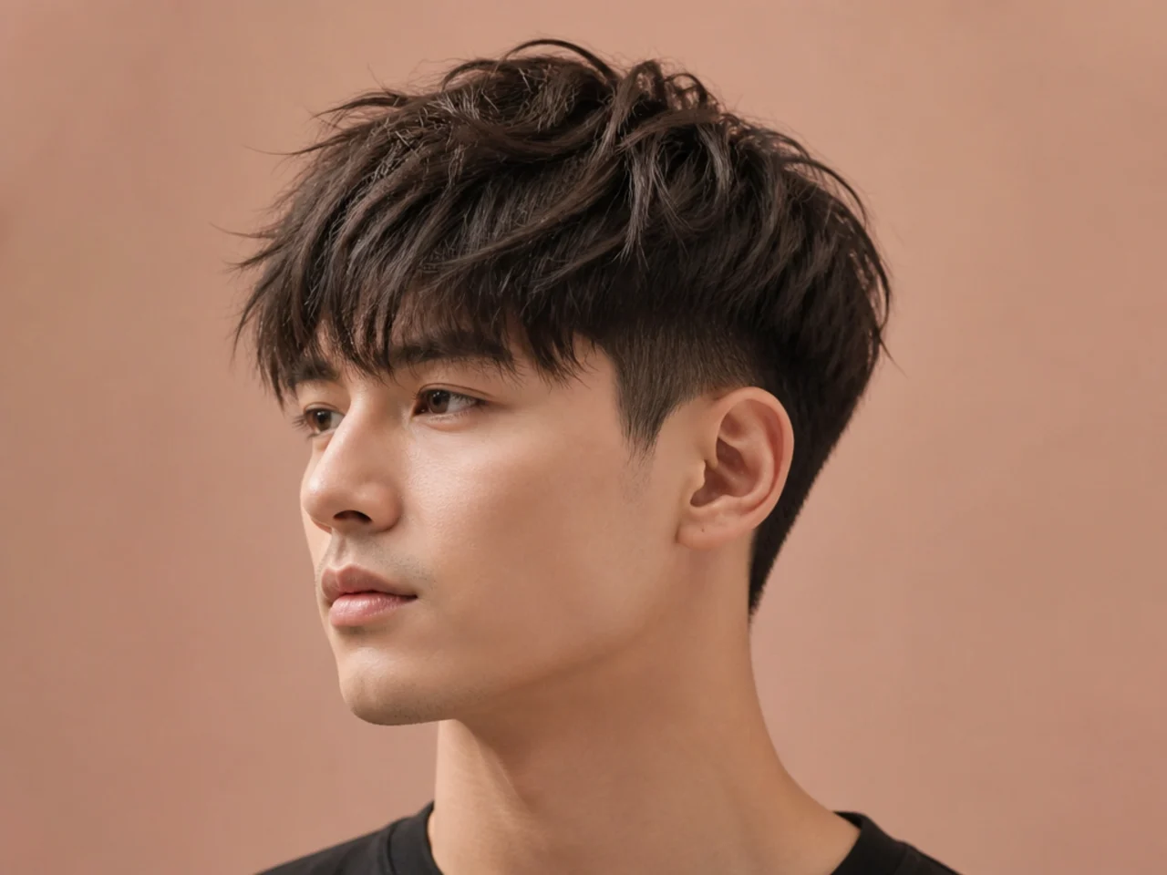 Textured choppy Korean two block with point-cut piecey ends on a young Korean man with straight black hair