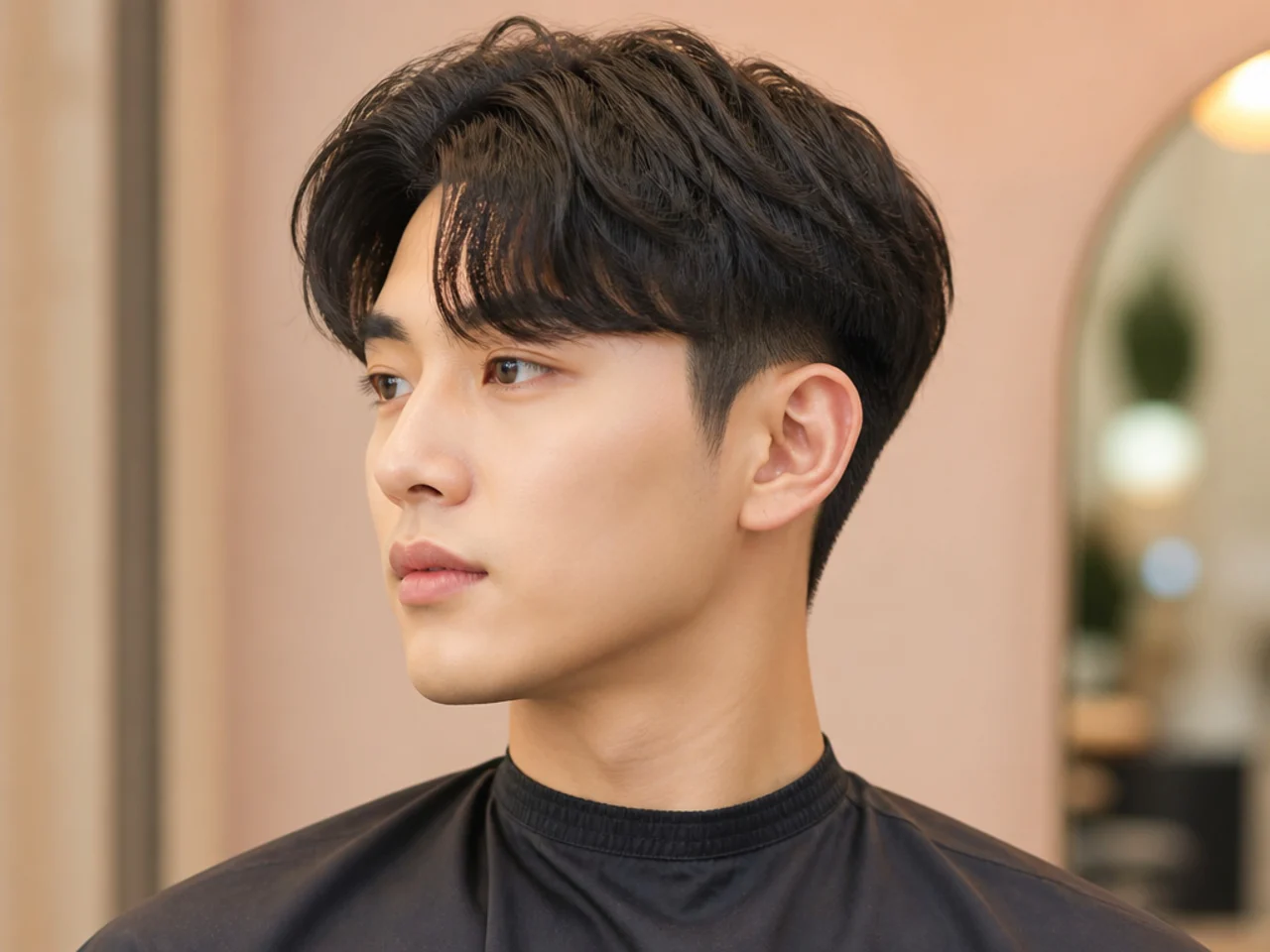 K-pop idol style Korean two block with glossy finish and precise horseshoe line on a young Korean idol type