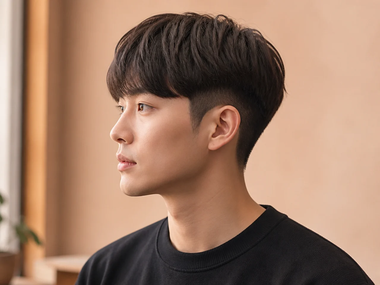 Bowl-cut Korean two block with rounded perimeter skimming the eyebrows on a young Korean man