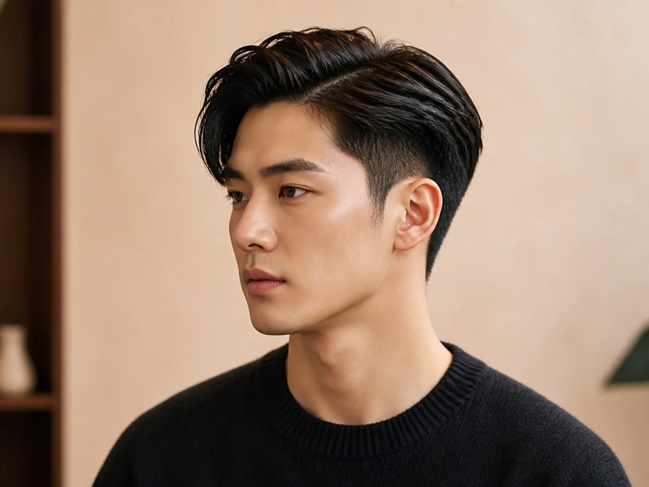 Side part Korean two block with hard side part built into the shape on a young Korean man in a suit