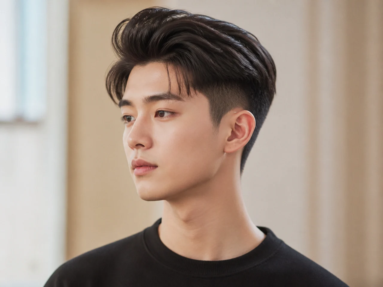 Brushed-up quiff Korean two block with front lifted upward and hidden sides on a young Korean man