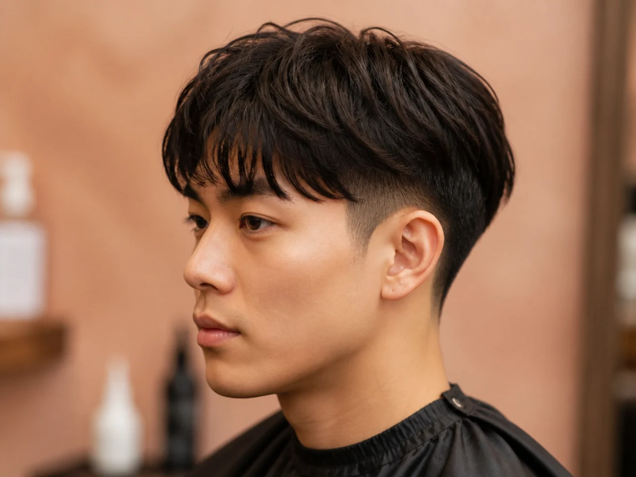 Korean two block with subtle low taper fade at the sideburn on a young Korean man
