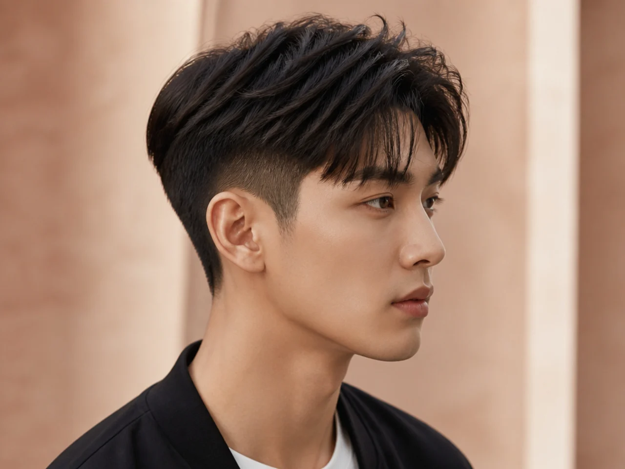 Korean two block with mid fade at the temple on a young Korean man with straight black hair