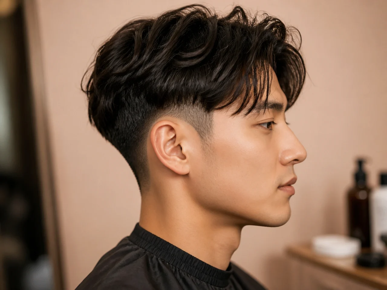 Korean two block with drop fade curving down behind the ear on a young Korean man