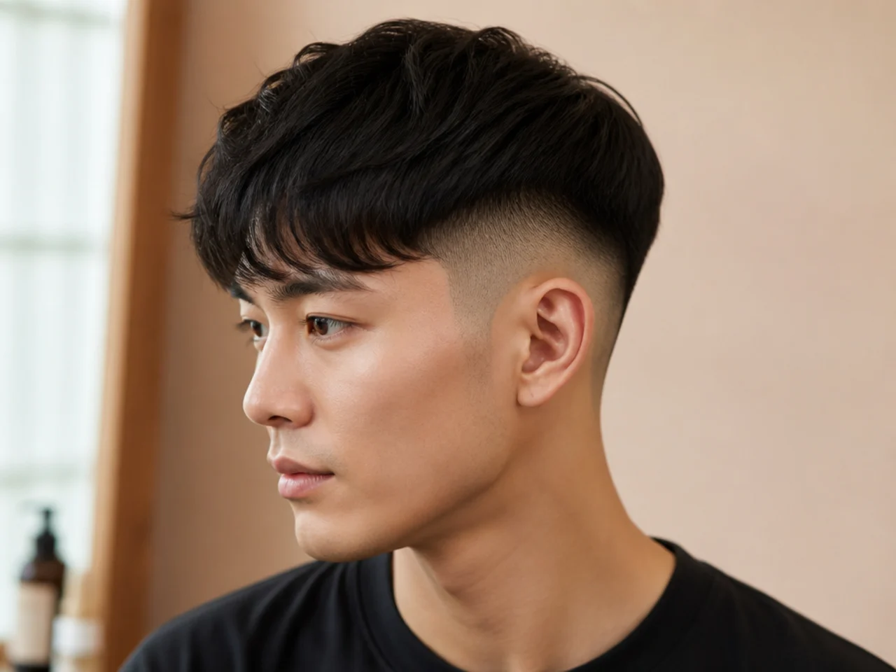 Korean two block skin fade with hidden sides shaved to skin on a young Korean man