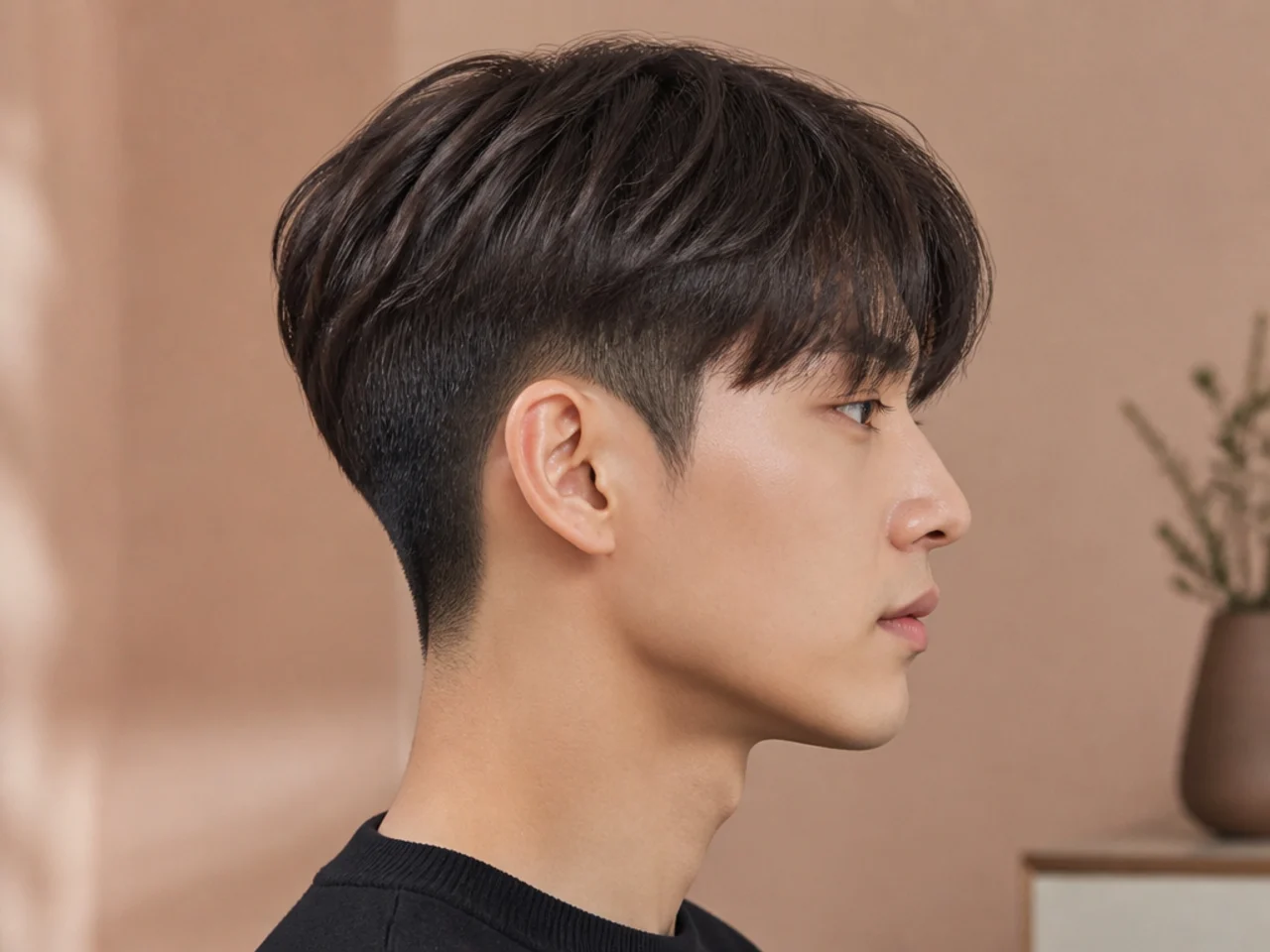 Korean two block undercut with hard-line disconnect at the temple on a young Korean man