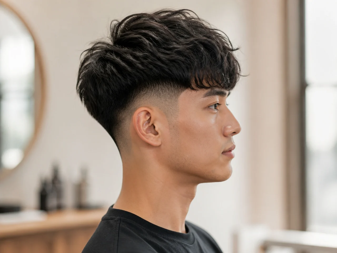 Korean two block with burst fade curving around the ear on a young Korean man