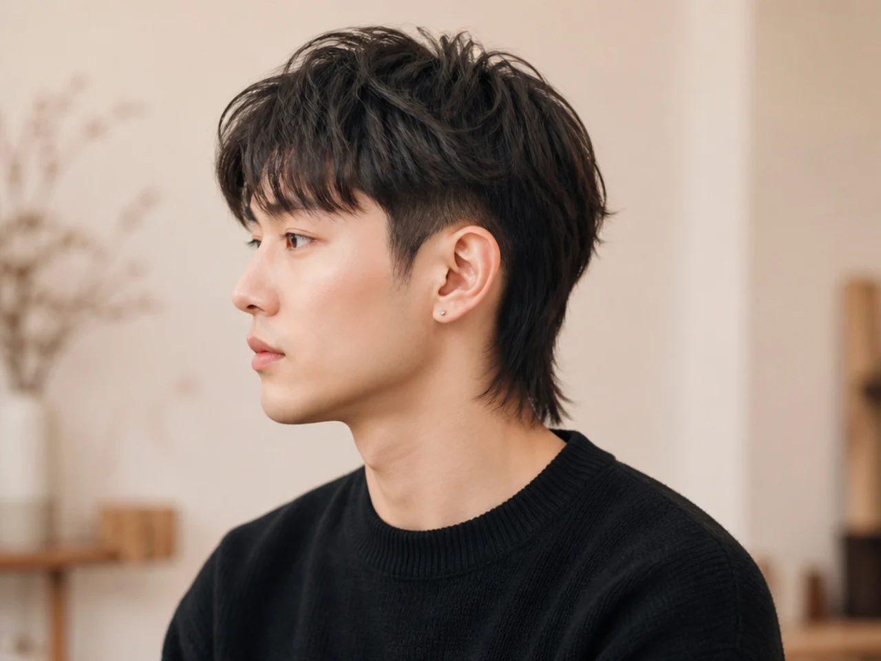 Korean two block mullet with hidden sides and long back past the collar on a young Korean man with wavy hair