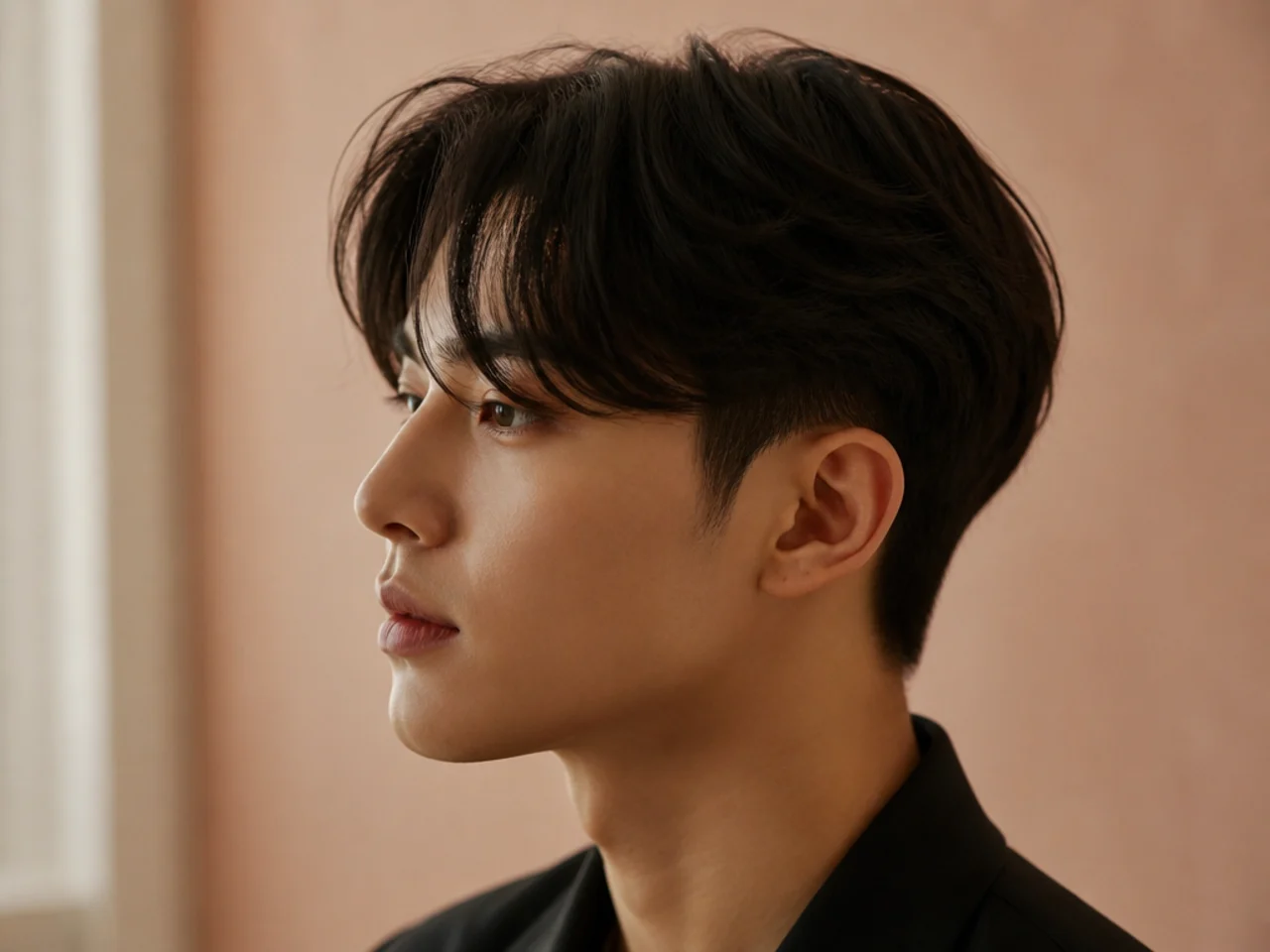 K-drama lead style Korean two block with clean middle part and refined finish on a Korean man in his late twenties