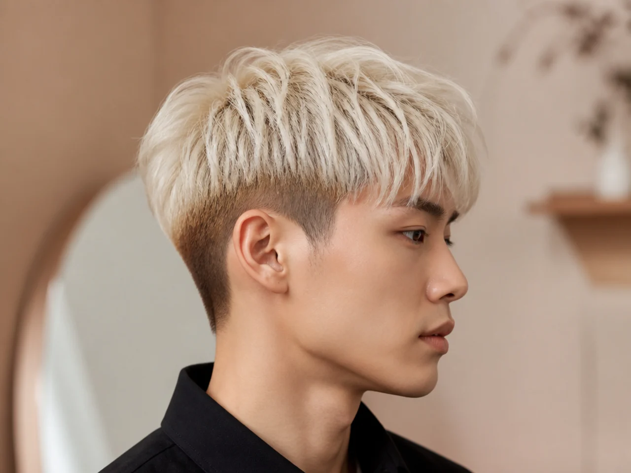 Bleached blonde Korean two block on a young Korean idol type with platinum top and hidden clipper sides