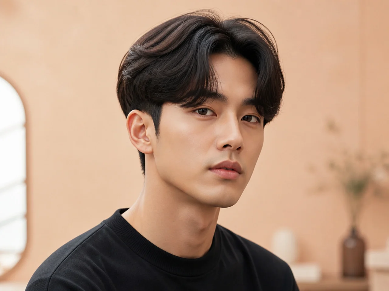 Curtain-fringe Korean two block with center-parted fringe falling in two soft panels on a young Korean man